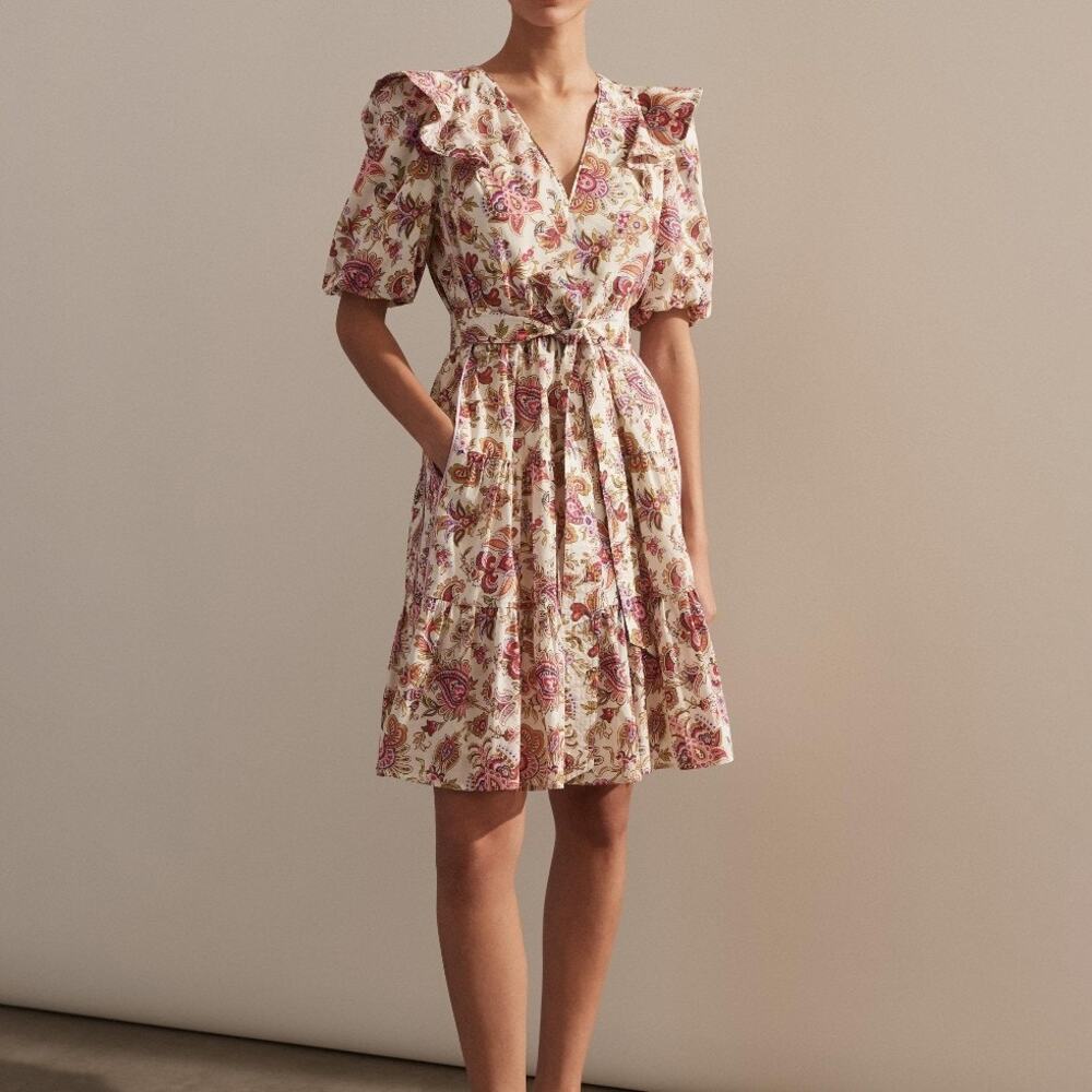 ME+EM Cotton Paisley Print Belted Mini Dress Puff Sleeve Pockets Ruffle Size 8